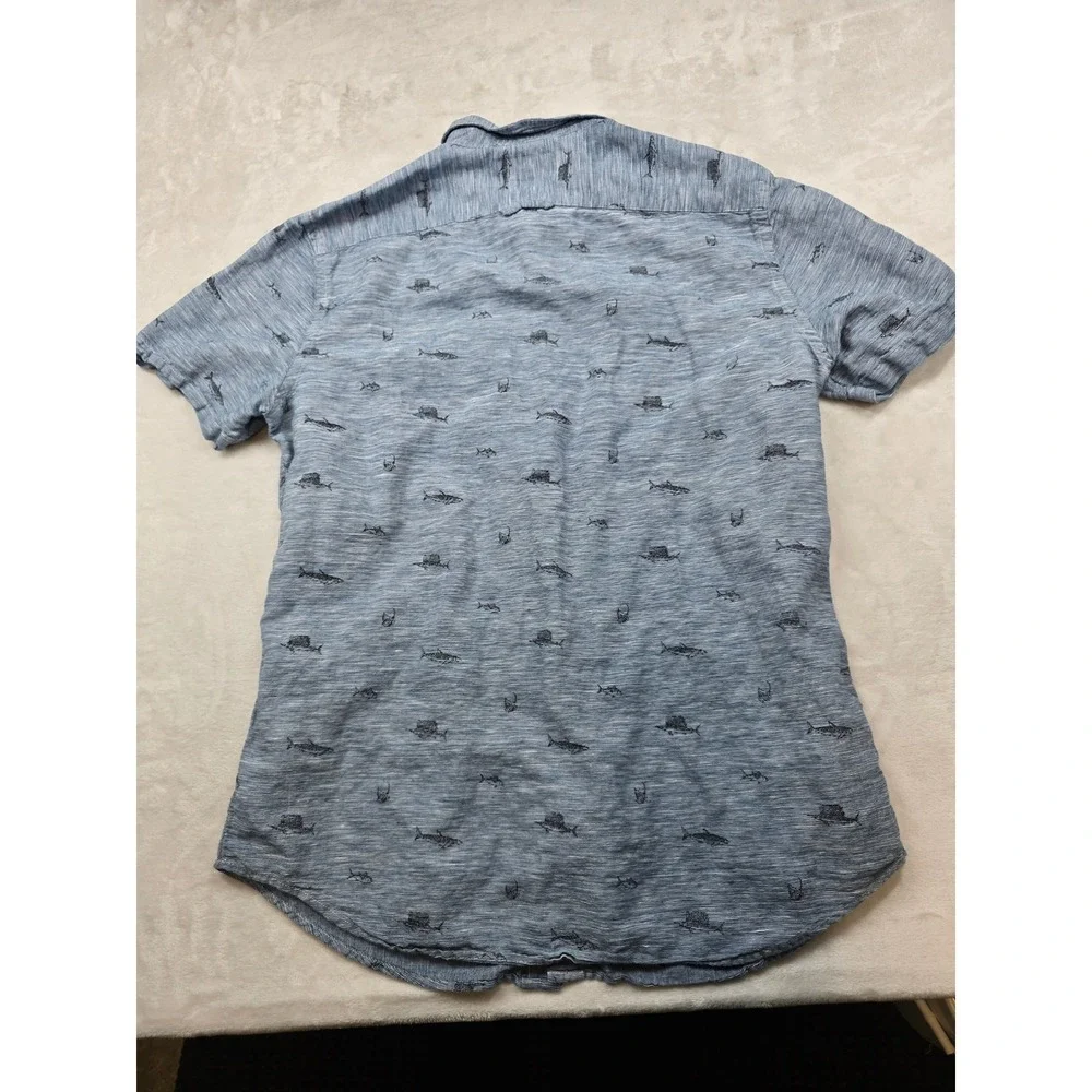 Banana Republic Slim Fit Linen Shirt Mens‎ Large Blue Shark Marlin Short Sleeve